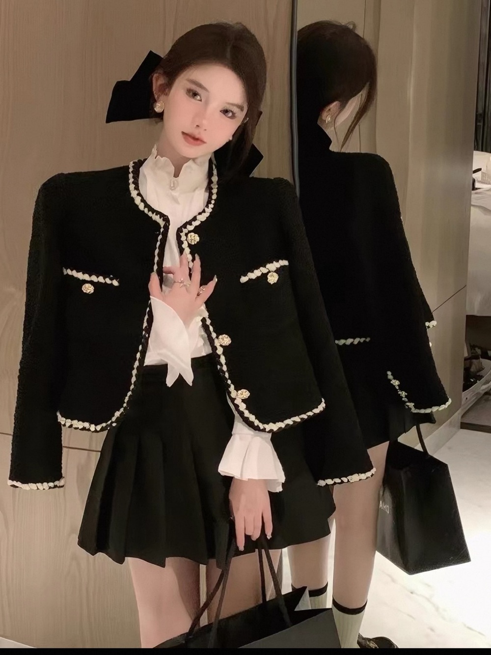 Chic Black Tweed Cropped Blazer with Pearl-Trim Accents